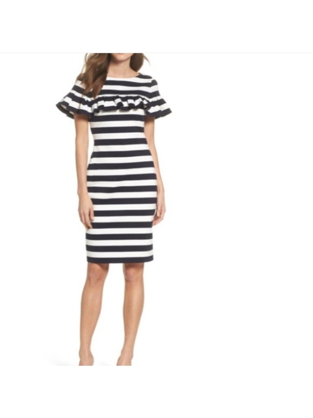 Eliza J Striped Ruffled Sleeve Sheath Dress Women's Sz 8 Navy & White Career